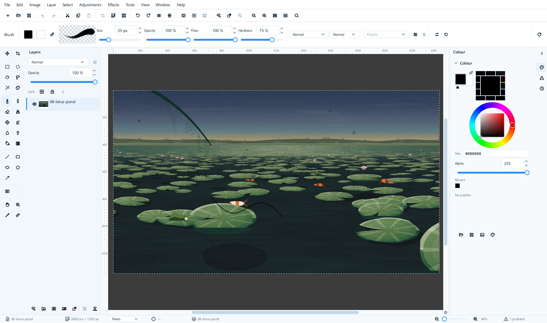 The editor with the brush chosen. The options bar shows a stroke preview, a 25 pixel size, full opacity and flow, 75 per cent hardness and two blend mode menus. The picture is a lotus pond at dusk.