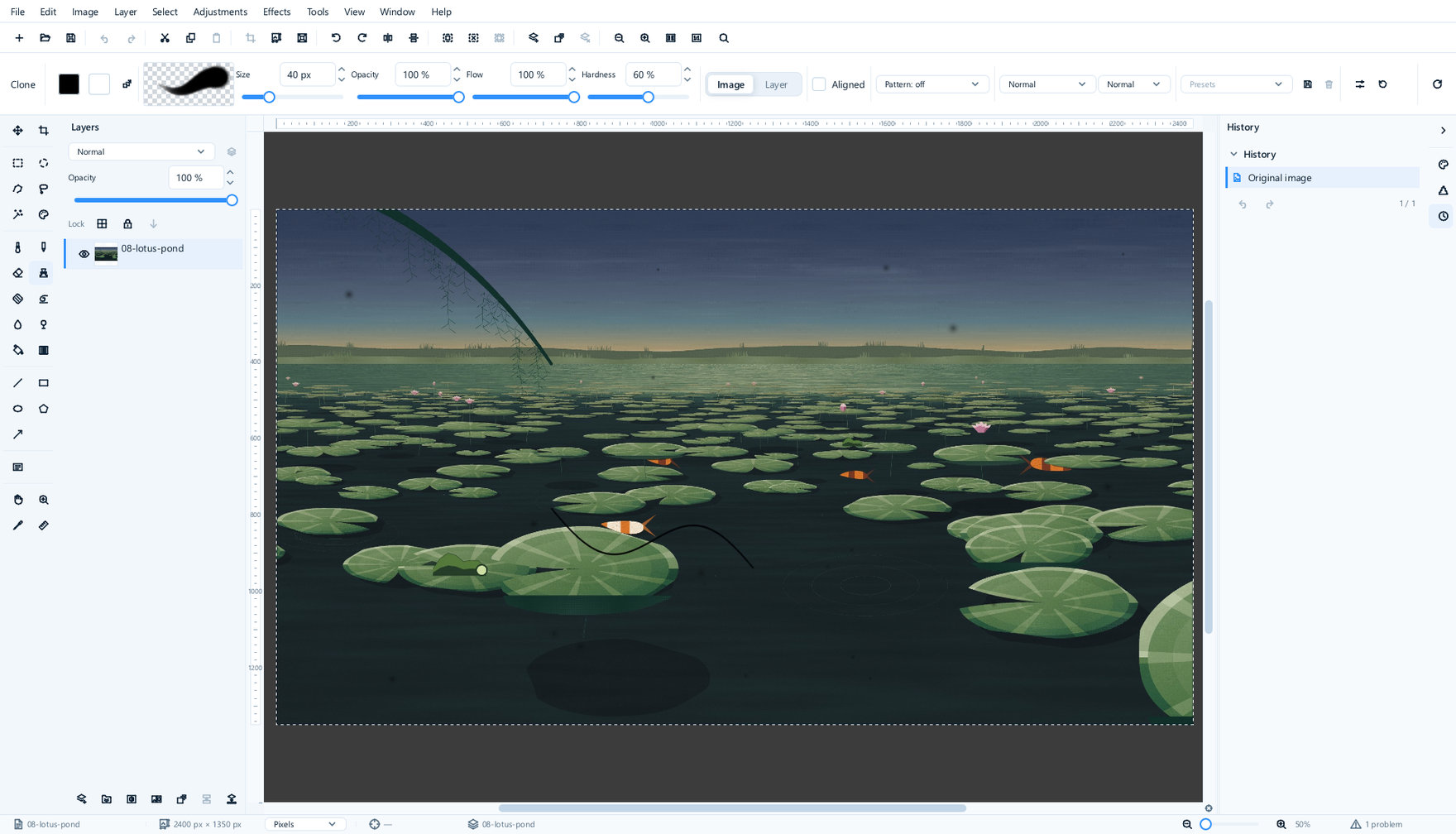 The same lotus pond with the clone stamp chosen. Its options bar adds a source choice of Image or Layer, an Aligned tick box and a pattern menu, and the history panel is open on the right.