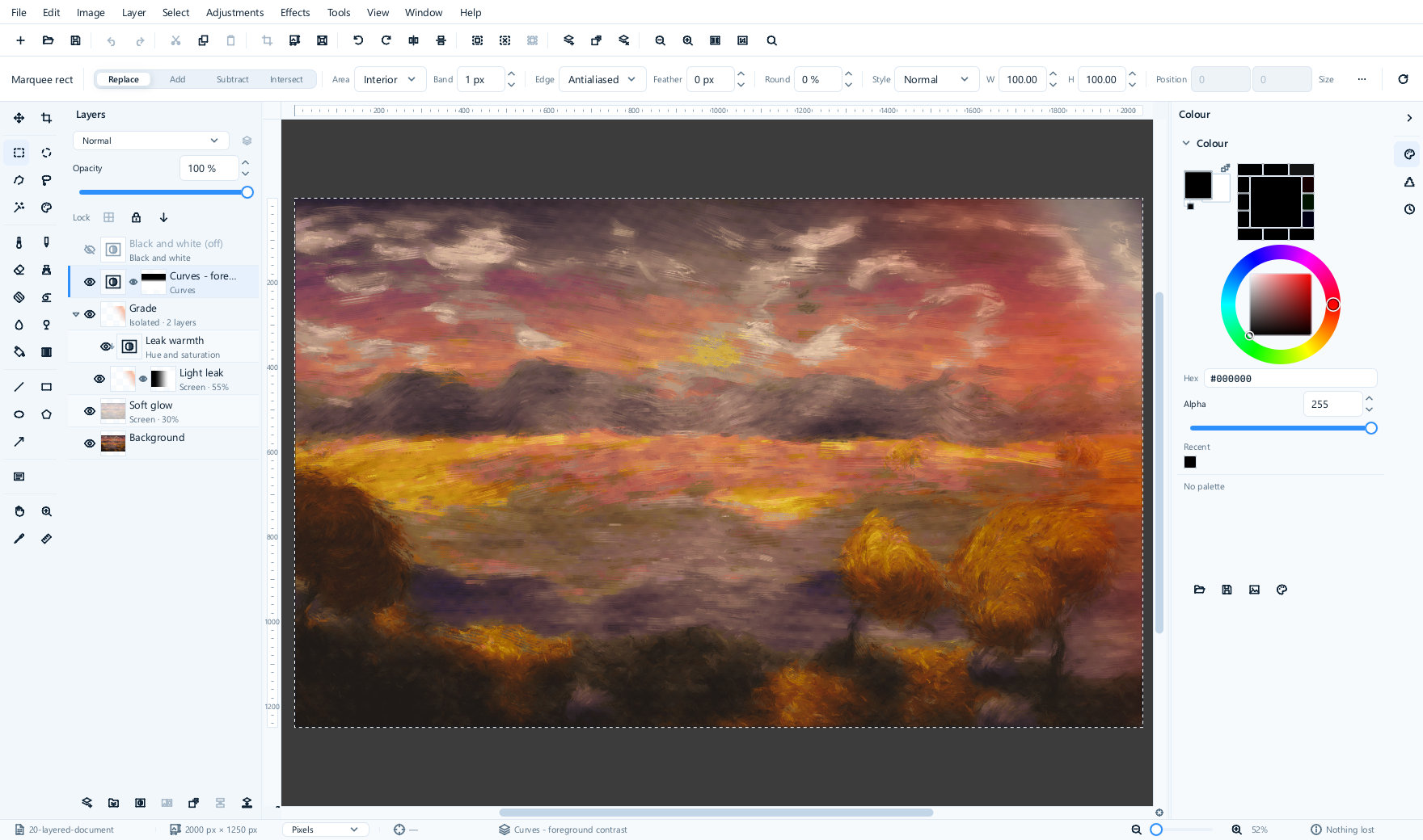 The Methodox Image Editor window. On the left, a layer stack holding a hidden black-and-white adjustment, a masked curves adjustment, a group called Grade containing a clipped hue-and-saturation adjustment and a masked light-leak layer set to Screen at 55 per cent, a soft-glow layer at Screen 30 per cent, and the background. In the middle, a painted sunset over autumn fields. On the right, the colour panel with its wheel.