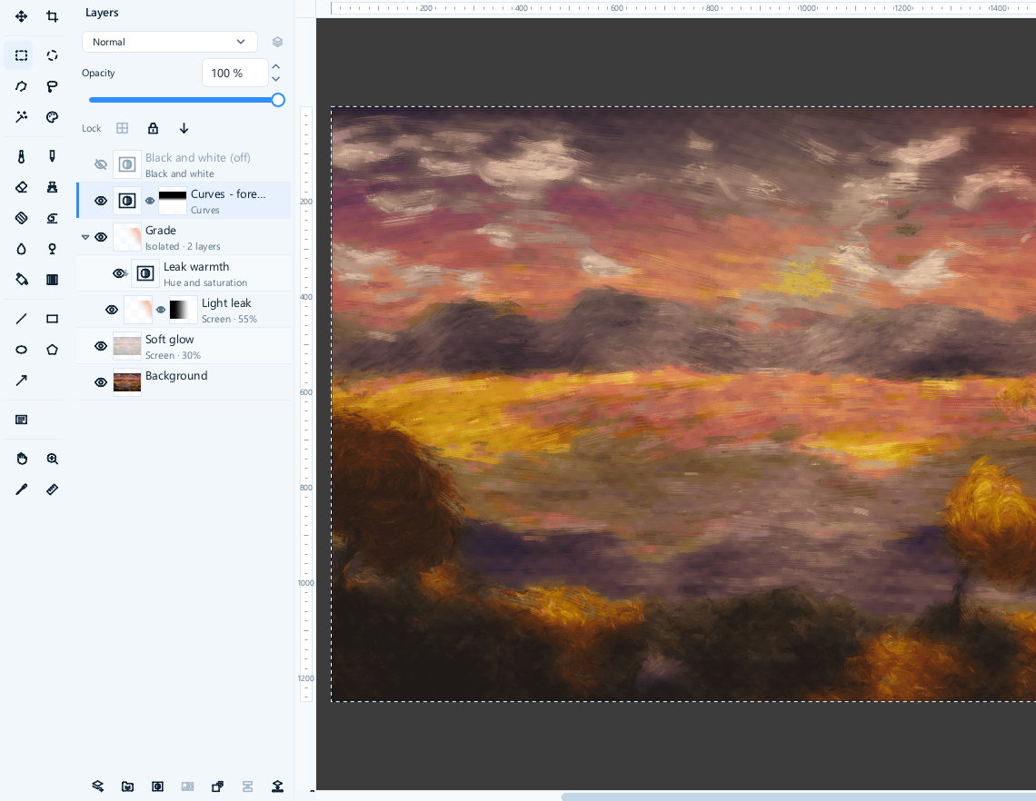 Close-up of the layers panel. From the top: a greyed-out hidden Black and white adjustment, a selected Curves adjustment with a black-and-white mask thumbnail, a group named Grade marked Isolated with two layers, a Leak warmth hue-and-saturation adjustment clipped to the layer below it, a Light leak layer set to Screen at 55 per cent with a mask, a Soft glow layer at Screen 30 per cent, and the Background layer.