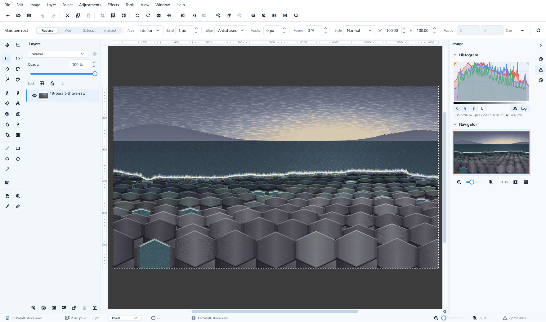 A camera raw file open in the editor, showing a shore of hexagonal basalt columns under a pale dawn sky. The histogram panel on the right reports 2,359,296 pixels with a peak of 200,716 at level 70, and the status bar names the file as 2048 by 1152 pixels.
